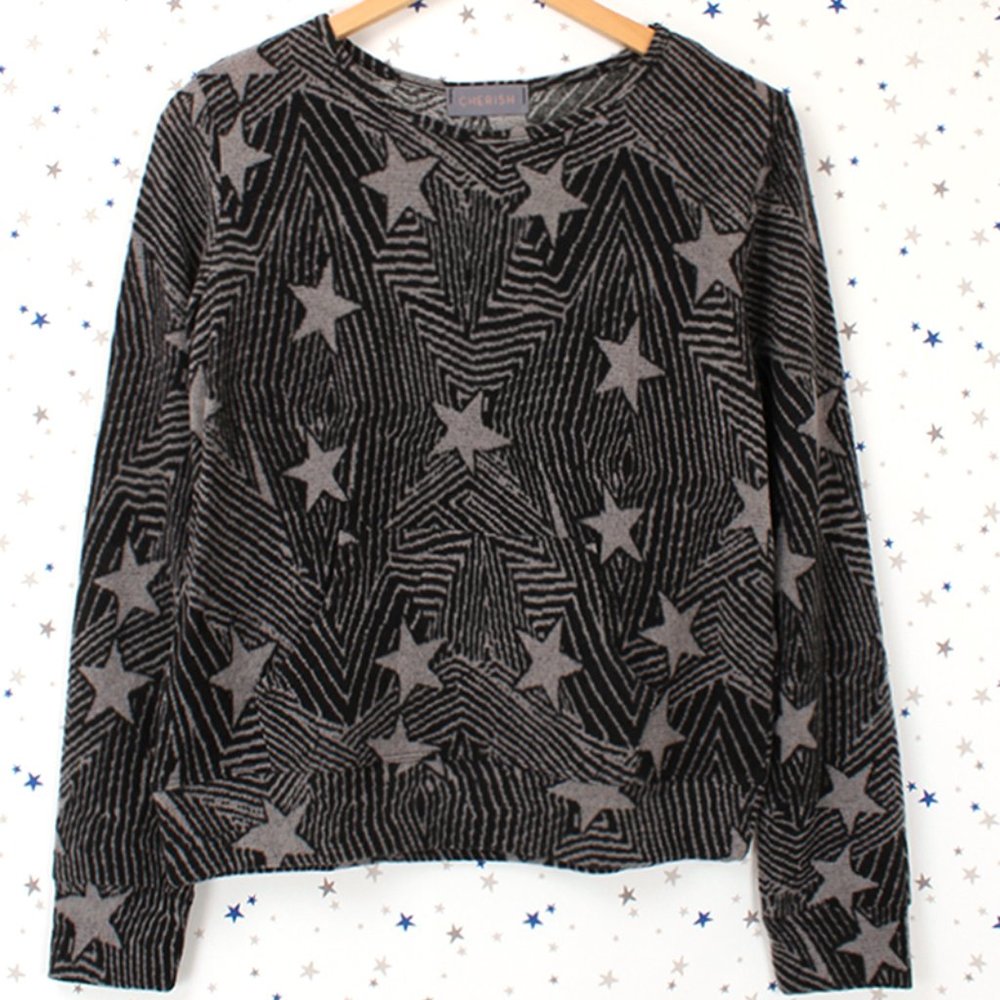 Star Print Brushed Knit Sweater Top Charcoal Gray